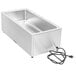 A stainless steel rectangular countertop food warmer with a black cord.