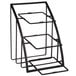 A black metal stand with four shelves.