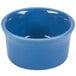 A close-up of a blue Fiesta ramekin.