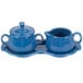 A blue ceramic Fiesta sugar and creamer tray set.