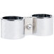 A pair of silver chrome metal Advance Tabco post clamps.