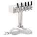 A Beverage-Air polished stainless steel beer tower with five taps on a counter.