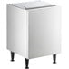 A stainless steel enclosed stand with black legs on wheels.