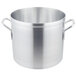 A close-up of the Vollrath Wear-Ever aluminum stock pot with two metal handles.