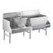 A stainless steel Advance Tabco Uni-Serv speed bar with two sinks and a drain on a counter.