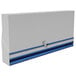 A white metal box with blue trim and blue handles.