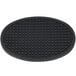 An oval black silicone trivet with a grid pattern.