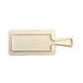 A white rectangular melamine serving board with a faux bamboo design and a handle.