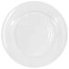 A close-up of a white Elite Global Solutions Durango melamine plate with a circular pattern on the edge.