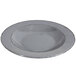 A gray melamine bowl with a double black line around the rim.