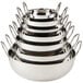 A stack of silver stainless steel American Metalcraft balti dishes.