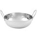 A close-up of a silver American Metalcraft stainless steel bowl with handles.