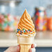 A hand holding an ice cream cone with Phillips Butterscotch Ice Cream Shell coating and sprinkles.