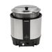 A stainless steel round food warmer with a lid and control knob, designed for rethermalizing and serving hot foods.
