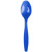 A blue plastic spoon on a white background.