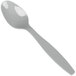 A shimmering silver heavy weight plastic spoon.