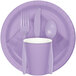 A purple plate with a Luscious Lavender heavy weight plastic spoon, fork, and knife.