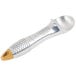 A silver spoon with a yellow cap.