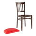 A brown metal slat back chair with a dark walnut wood grain finish and red vinyl seat on a white background.