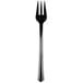 A close-up of a black WNA Comet plastic tasting fork.