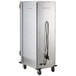 An Avantco stainless steel heated holding cabinet with a clear door on wheels.