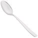 An Arcoroc stainless steel dessert spoon with a white handle.