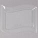 A clear plastic Fineline dessert plate with a curved edge.