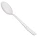 An Arcoroc stainless steel dinner spoon with a white handle.