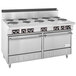A stainless steel Garland restaurant range with two standard ovens and ten sealed burners.
