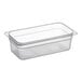 A Cambro translucent polypropylene food pan with a lid.