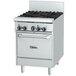 A stainless steel Garland commercial gas range with black knobs and a handle.