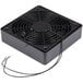 A black square device with a black fan and wires.
