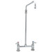 A T&S chrome deck-mounted pantry faucet with two handles and a long metal pole.