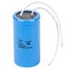 A blue Avantco motor run capacitor with white wires.