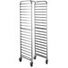 A Regency stainless steel end load sheet pan rack with wheels.