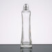 A case of 24 clear glass Tablecraft Metro salt and pepper shakers with silver tops.