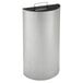 A silver metal half round trash receptacle with a black handle.