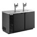 A black commercial kegerator beer dispenser with two triple-tap towers and double doors.