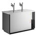 A commercial black kegerator beer dispenser with two triple tap towers and a stainless steel top, designed to hold three half kegs.