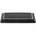 A black rectangular Hall China platter with a white border and silver trim.