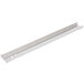 A white metal rack with long metal bars with holes.