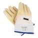 A pair of Cordova Ruffian oyster shucking gloves with yellow and blue trim on a white background.