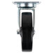 A close-up of a black 5" swivel plate caster with a black and silver wheel.