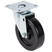 A black caster wheel with a metal plate and black wheel.
