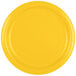 A close-up of a Creative Converting School Bus Yellow paper plate.