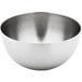 A silver stainless steel hemisphere bowl with a white background.