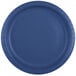 A close-up of a blue paper plate with a white background.