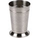 A silver Libbey stainless steel mint julep cup with a pattern on it.