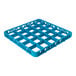 A blue plastic glass rack extender with 25 square compartments.
