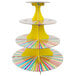 A yellow and pink striped Wilton 4-tier cupcake stand.